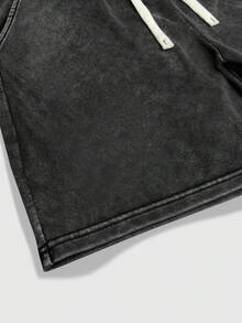 ROMWE MEN Essentials 男士休闲时尚街头日常通勤水洗短袖T恤和抽绳腰短裤套装，夏季 - 黑色 - 查看 4