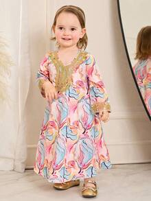 SHEIN Young Girl Woven Geometric Pattern V-Neck Loose Casual Dress - Multicolor - View 4
