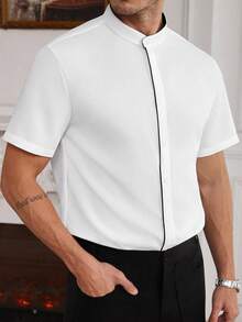 Core Aspect Men's White Stand Collar Short Sleeve Single-Breasted Casual Business Shirt - White - View 4