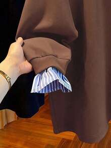 Resyla بلوزة بياقة مطوية مقلمة بأكمام طويلة كاجوال بحجم كبير - بني - مشاهدة 3