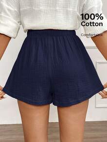 SHEIN LUNE Damen Baumwolle Shorts mit elastischem Bund, geeignet für tägliche Lässig und Retro-Stil, Sommer Shorts für Frauen, Strandshorts für Damen - marineblau - Übersicht 3