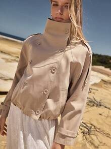 MOTF STUDIO WOMEN'S DOUBLE-BREASTED LAPEL SHORT TRENCH COAT