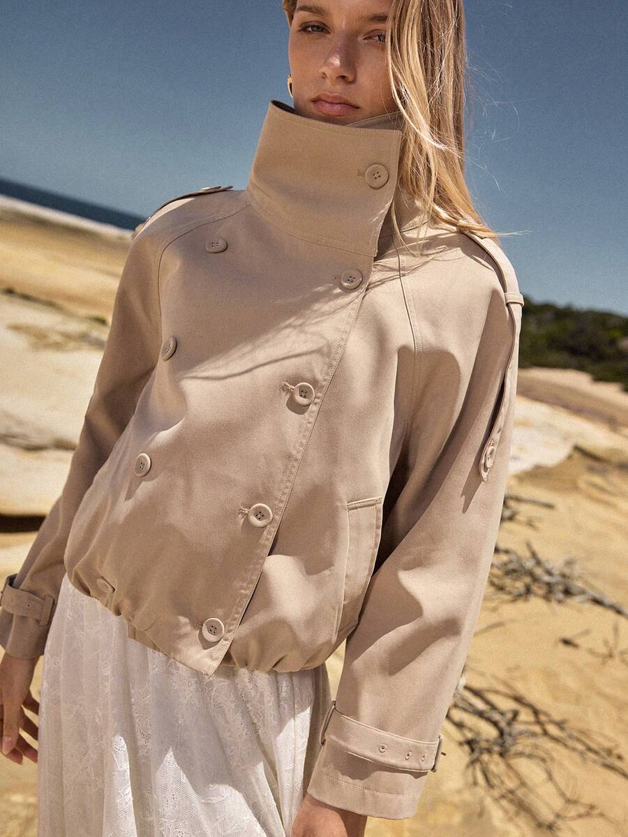 MOTF STUDIO ABRIGO CORTO DE TRINCHERA CON SOLAPA DOBLE BOTONADURA PLISADA PARA MUJER, PRIMAVERA/VERANO - Caqui - Ver 1