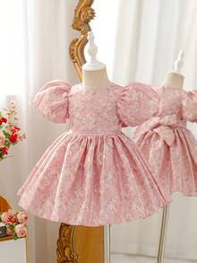 Glamorique Kids Glamorique 女婴公主裙，蓝色花卉欧根纱提花面料，优雅正式派对礼服，适合中东、欧洲、美洲，奢华舞台表演复活节 - 粉色 - 查看 8