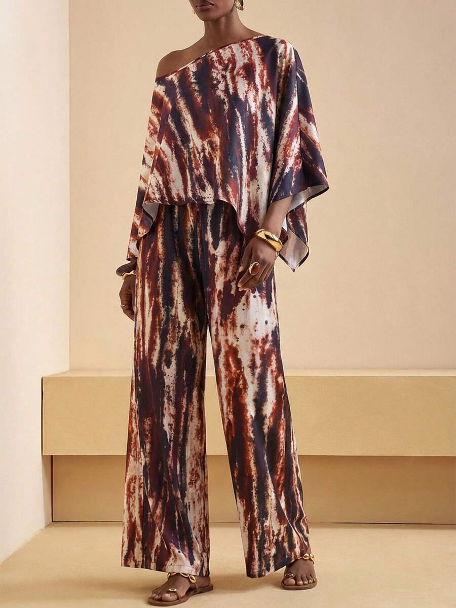 Zivah Women's Tie-Dye Print Asymmetric Hem Top And Wide Leg Pants Fashion 2 Pieces Set - Brown - View 1