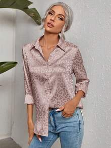 SHEIN Clasi Women's Casual Leopard Print Jacquard Long Sleeve Shirt, Spring/Autumn - Dusty Pink - View 5