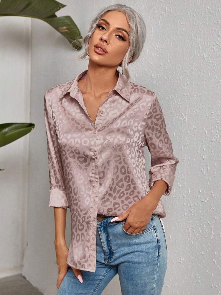 SHEIN Clasi قميص نسائي كاجوال بنمط نمر جاكارد بأكمام طويلة، للربيع/الخريف - وردي مغبر - مشاهدة 5