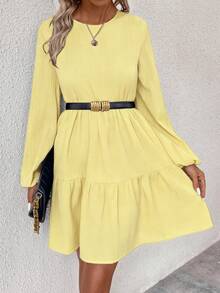EMERY ROSE Women's Solid Color Minimalist Casual Round Neck Long Sleeve Dress - Light Yellow - View 5