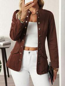 EMERY ROSE Plus Size Women's Long Sleeve Single-Breasted Casual Denim Jacket - Coffee Brown - View 5