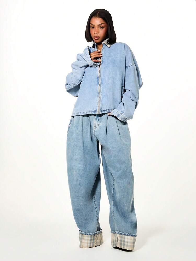 SUMWON Slouchy Barrel Turn Up Cuff Pleated Check Hem Detail High Waisted Wide Leg Denim Jeans With Vintage Wash