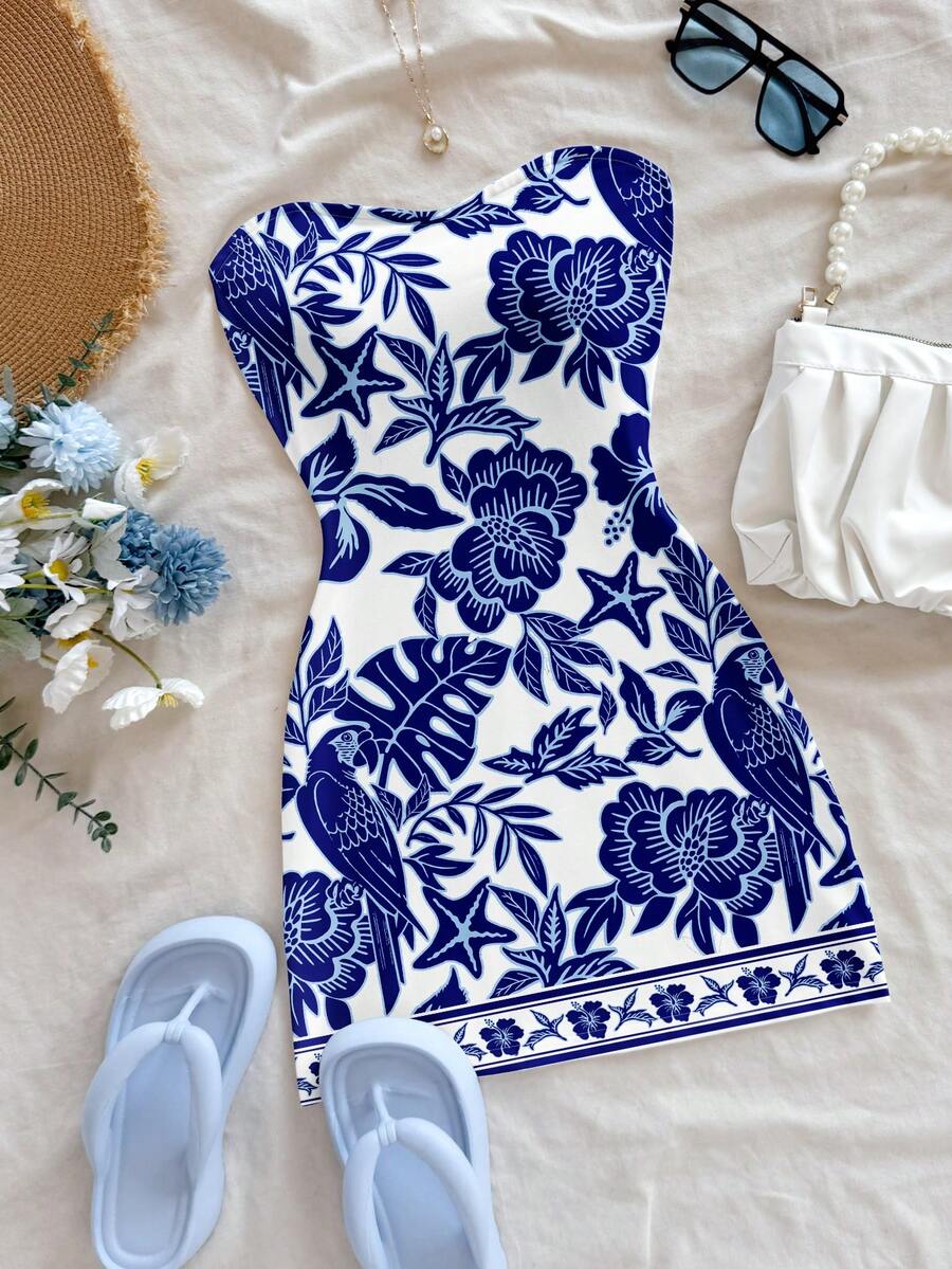 Soleia Women's Chinoiserie Floral & Tropical Parrot Colorblock Bohemian Print Mini Dress, Suitable For Outings, Beach, Travel, Matching Sets, Chic Spring - Multicolor - View 1