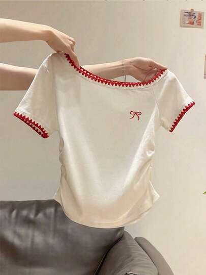 Resyla Women's Color Block Trim Bowknot Ruched Short Sleeve T-Shirt