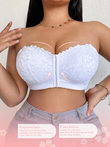 DesireSculpt 1pc Plus Size Wireless Lace Front Closure Bra, Sexy Lift & Enhance Invisible Back Bra - White - View 4