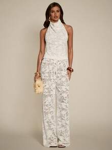 SHEIN BAE Women's Beaded Lace Turtleneck Backless Sexy Halter Top,New Spring/Summer Arrival: White Lace Top. Perfect For Beach Vacations, Beach Trips, Beach Parties, Dates, Nightclubs, Picnics, Parties, Music Festivals, Brunch, And Other Occasions. - White - View 3