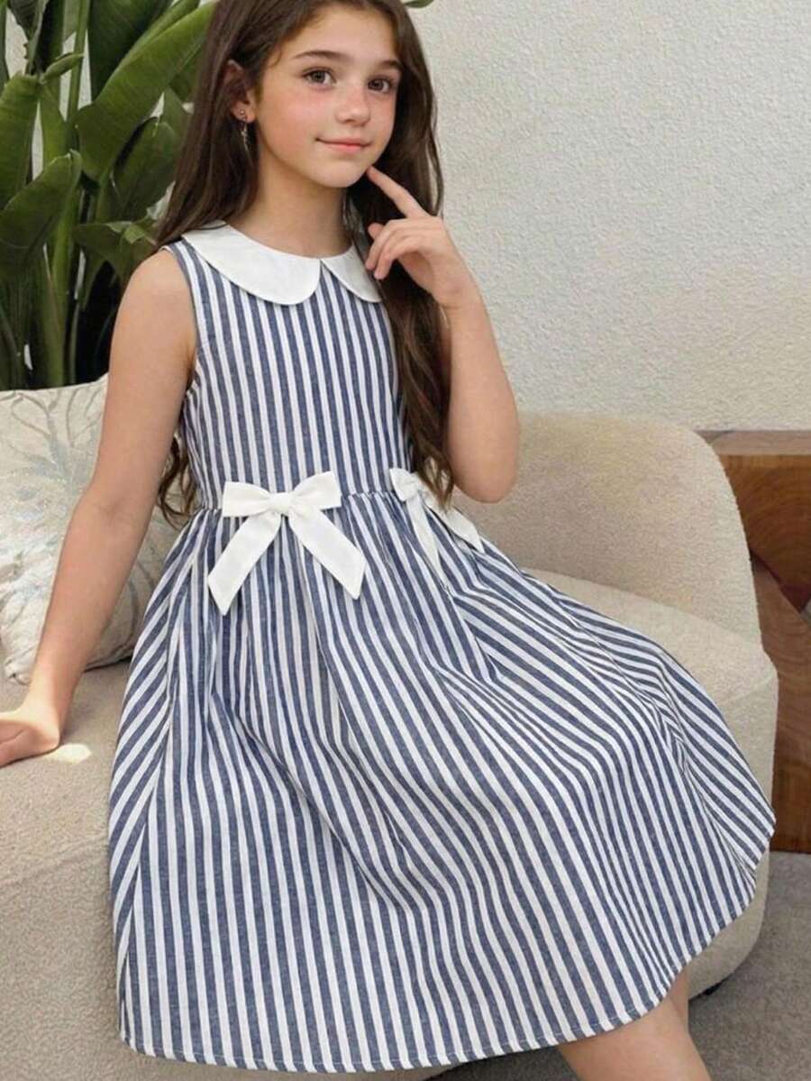 SHEIN 少女撞色拼接彼得潘领条纹休闲无袖连衣裙 - 藍白色 - 查看 1