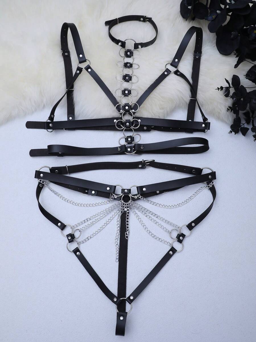 AltCore Plus Size 3-Piece Leather Decor Lingerie Set - Black - View 1