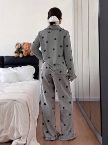 Dream Adore Conjunto de pijama con cárdigan de cuello con volantes y estampado de corazones a rayas - Multicolor - Ver 2