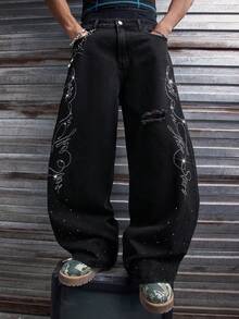 AXEPEAK Men's Washed Rhinestone Embellished Fashion Pants - Black - View 4
