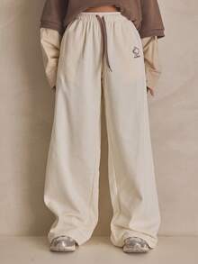 MUSERA Graphic Elasticated Tie Waist Straight Leg Joggers Summer, Sporty, Casual, Day, Streetstyle, Streetwear - Beige - View 5