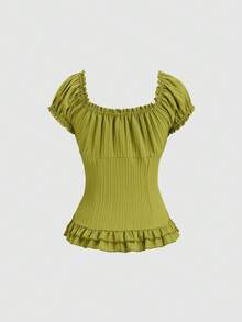 Sweetra Blusa de mujer de manga corta con volantes en el bajo y cintura con lazo, de unicolor para el verano - verde menta - Ver 2