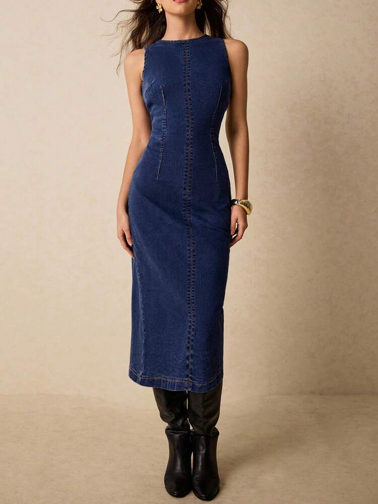 Poselle Women Round Neck Sleeveless Slim Fit Long Denim Dress, Elegant Denim  Dress,FW25, Old Money, Business Casual Woman | SHEIN USA