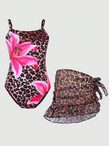 SHEIN Young Girl Leopard & Floral Print One-Piece Swimsuit Cover-Up With Skirt, Beach Vacation - Brown - View 6