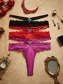Women's Sexy Lace Trim Milk Silk Panties With Rhinestone Heart Decor