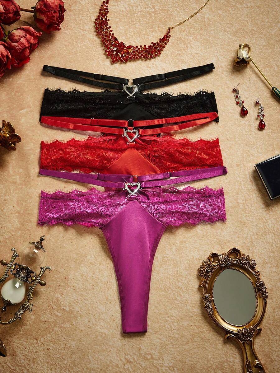 Women's Sexy Lace Trim Milk Silk Panties With Rhinestone Heart Decor