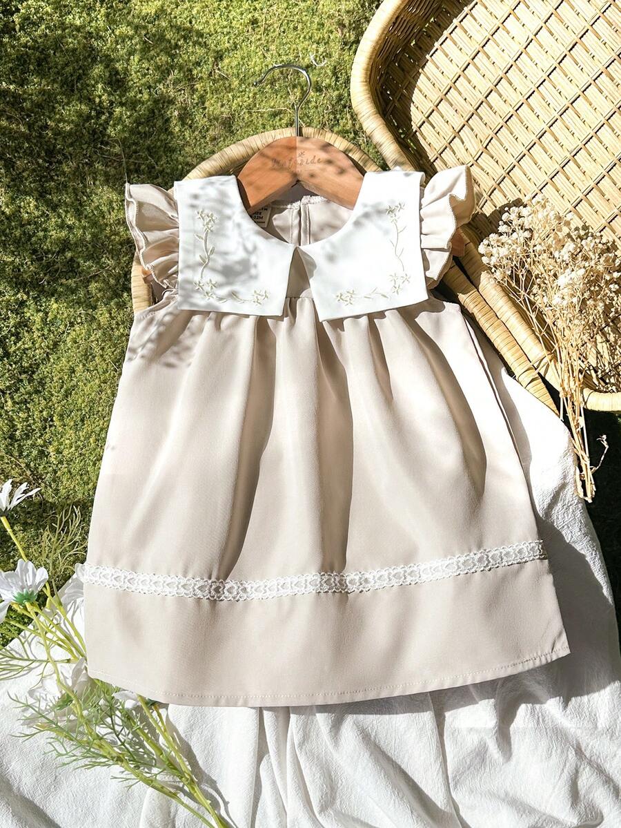 Vintaside Kids Babygirl Infant & Baby GirlSummer Cap Sleeve Embroidered Big Collar Elegant Western Style Simple Dress, Suitable For Outing, Leisure Travel, Vacation, Daily Wear - Apricot - View 1