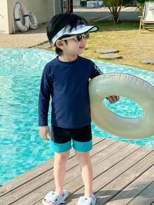 SHEIN 2 Piece Young Boys Boy Set Of Casual Sports Swimsuit For Little Boys, With Holiday Style Pattern Tight Fitting Upper And Swim Pants Adjusted, Children's Clothing, Suitable For Outdoor Swimming, Beach Play, Vacation Wear, Suitable For Spring, Summer, Autumn, Winter Seasons - Navy Blue - View 2