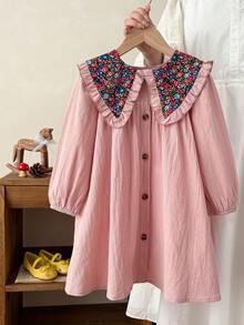 Emery Rose Kids Emery Rose Kids 女童纯色拼接碎花彼得潘领休闲连衣裙，女童春秋法式连衣裙，秋装，舒适秋冬款式，圣诞节，秋季服装，长袖，秋季连衣裙，女童碎花蕾丝领连衣裙，舒适秋冬款式，秋季，粉色连衣裙，秋季连衣裙，长袖 - 粉色 - 查看 3