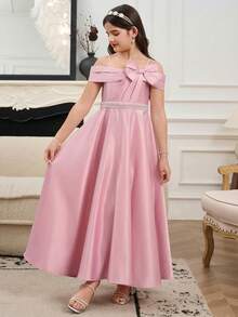 Sparklyn Tween GirlsElegant Solid Color Snug Fit High Waist High Slit Asymmetric Ruffle Hem Midi Dress, Suitable For Parties, Banquets, Flower Girl Weddings, Birthdays And Other Important Occasions - Pink - View 6