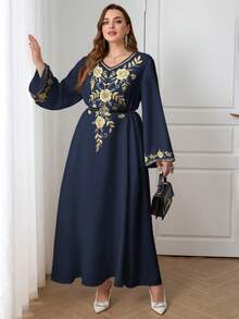 Al Najma 大码女式休闲印花V领长袖阿拉伯风格长裙 - 彩色 - 查看 5