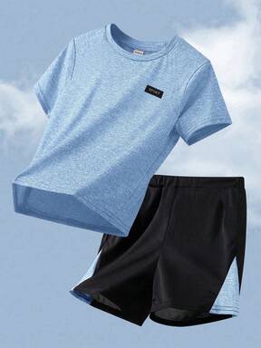 SHEIN 2件套儿童/青少年男童休闲舒适贴布装饰圆领宽松套头短袖T恤和短裤针织运动服套装