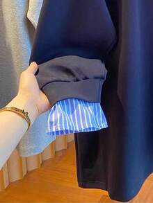 SHEIN 大码女式条纹拼接休闲宽松长袖卫衣 - 藏蓝色 - 查看 3