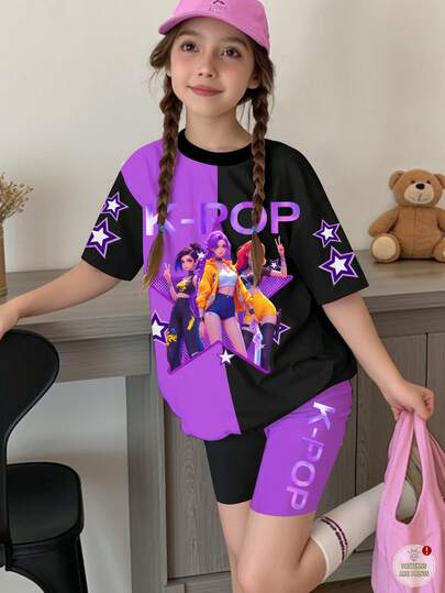 2 piezas Conjunto informal y elegante de estilo KPOP para niña preadolescente, con estampado de letras y estrellas de colores, color violeta y negro en contraste, regalo para fans de KPOP, ropa de niña con cuello redondo y estilo musical, adecuado para vacaciones, fiestas y uso diario, conciertos, conjunto de pantalones cortos de manga corta para verano