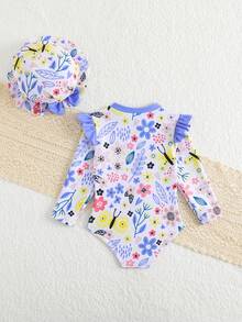 女婴碎花长袖连体泳衣,带帽子 - 彩色 - 查看 3