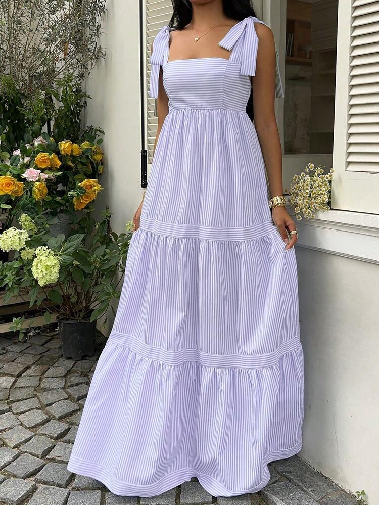 Sunnyshic Vestido maxi acampanado con espalda abierta y lazada, cuello cuadrado a rayas azules, cintura alta y sin mangas, para primavera/verano y resort - Azul y blanco - Añade 4