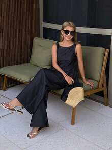 DAZY Women's Round Neck Sleeveless Ruffle Hem Denim Top And Loose Straight Leg Jeans Casual Suit - Dark Grey - View 2