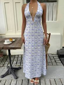 Sunnyshic Women's Blue Bamboo Knot Seashell & Starfish Print Deep V Neck Backless A-Line Maxi Dress, Elegant Minimalist Bohemian Style For Spring/Summer Vacation, Beach, Date, Everyday Wear - Blue - View 7