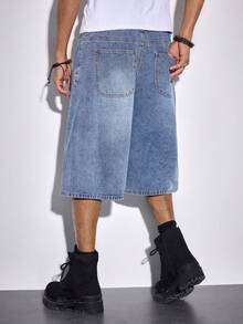 ROMWE MEN Essentials Quần short denim ống rộng dáng suông, không đối xứng, có túi dành cho nam. - Màu xanh lam - Xem 3