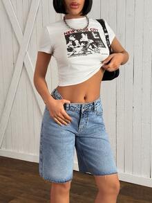 EURMUSE 女士休闲毛边百慕大牛仔短裤，带口袋 - 中等水洗藍 - 查看 4