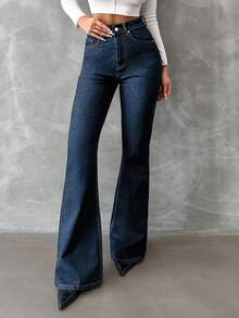 EURMUSE 98%Cotton Zip Front Slant Pocket Casual Flare Jeans - Blue - View 3