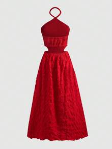 SHEIN Vestido halter de playa para adolescentes con espalda descubierta y corte en la cintura, color rojo - Rojo - Ver 2