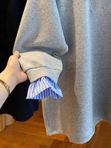 Resyla Plus Size Women Striped Patchwork Casual Loose Long Sleeve Sweatshirt - Grey - View 3