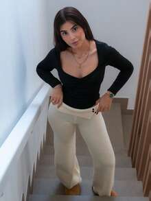 Hitanina Women's Autumn And Winter Clothing Home Simple Comfortable Sweet Casual Thermal Lined Warm White Double-Layer Waist Design Buttons Asymmetrical Beige Simple Sweater Trousers, Daily Wear,Fall - White - View 3