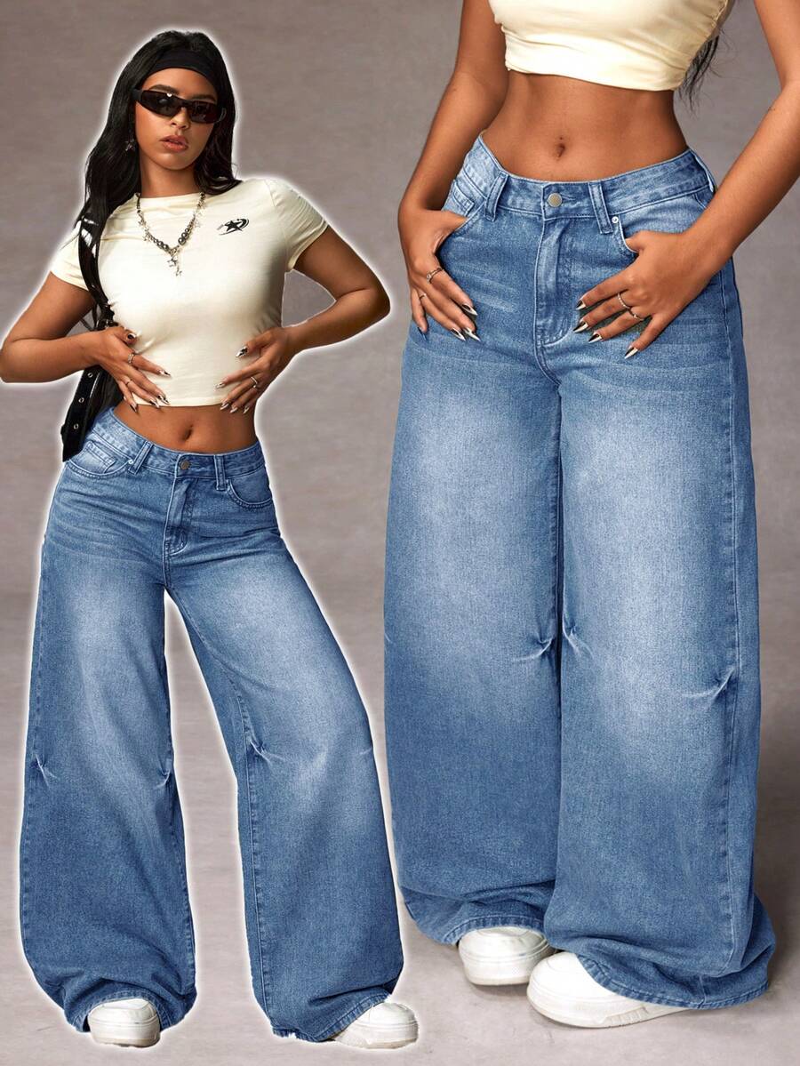 SHEIN ICON Quần jean nữ màu trơn kiểu dáng thường ngày - Màu xanh lam - Xem 1