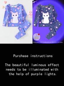 2pcs Baby Girls Snug Fit Sleepwear Set, Cozy Cat & Heart Glow-In-The-Dark Print, Stretchy Knit Fabric, Long Sleeve Top And Pants