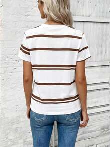 EMERY ROSE Casual Fashion New Round Neck Short Sleeve Bowknot Striped Print T-Shirt - Multicolor - View 2