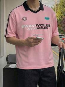 Manfinity Unisex Men's Casual Contrast Collar Short Sleeve Polo Shirt, Summer Pink Jersey Men Pink Jerseys Mens Pink Top Pro Club Shirt Pink Polo Shirt Men, Lover's Clothes, Valentine's Day - Pink - View 2